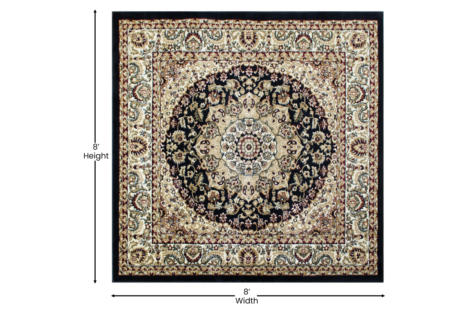 BLNK Mersin Collection Persian Style Square Olefin Area Rug with Jute Backing - Black, 7'W x 7'L