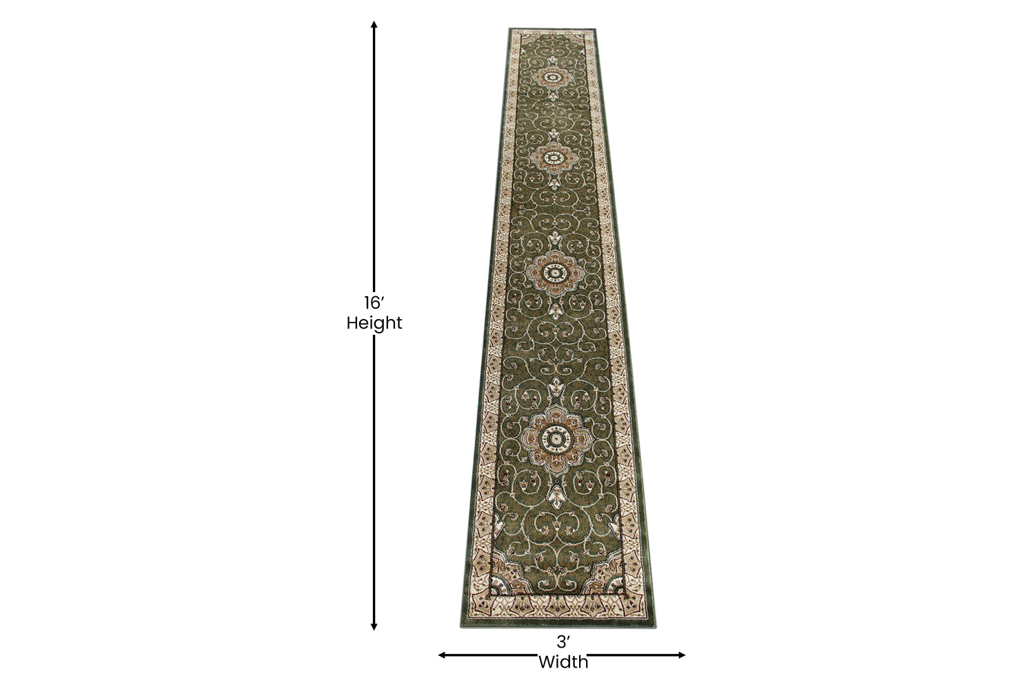 BLNK Portman Collection Persian Style Olefin Area Rug with Jute Backing - Green, 3'W x 15'L