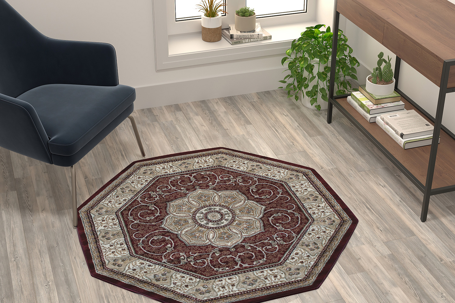 BLNK Portman Collection Persian Style Octagon Olefin Area Rug with Jute Backing - Burgundy, 4'W x 4'L