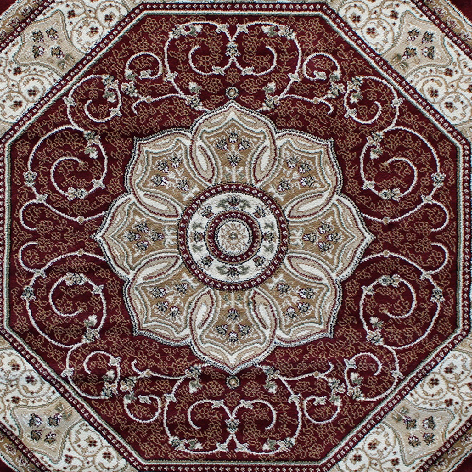 BLNK Portman Collection Persian Style Octagon Olefin Area Rug with Jute Backing - Burgundy, 4'W x 4'L