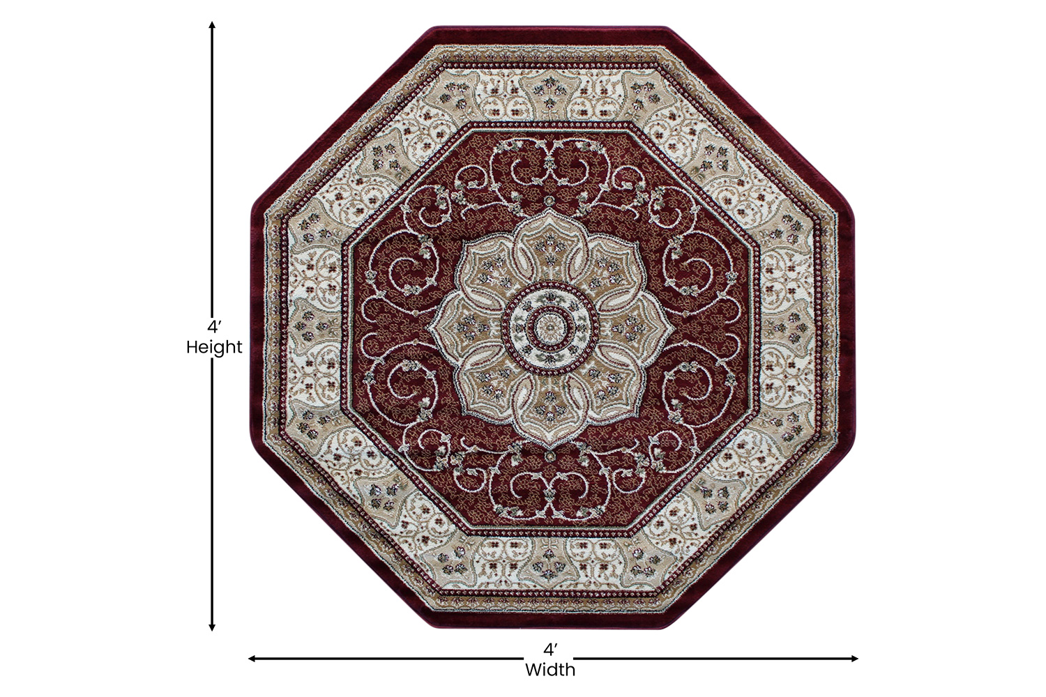 BLNK Portman Collection Persian Style Octagon Olefin Area Rug with Jute Backing - Burgundy, 4'W x 4'L