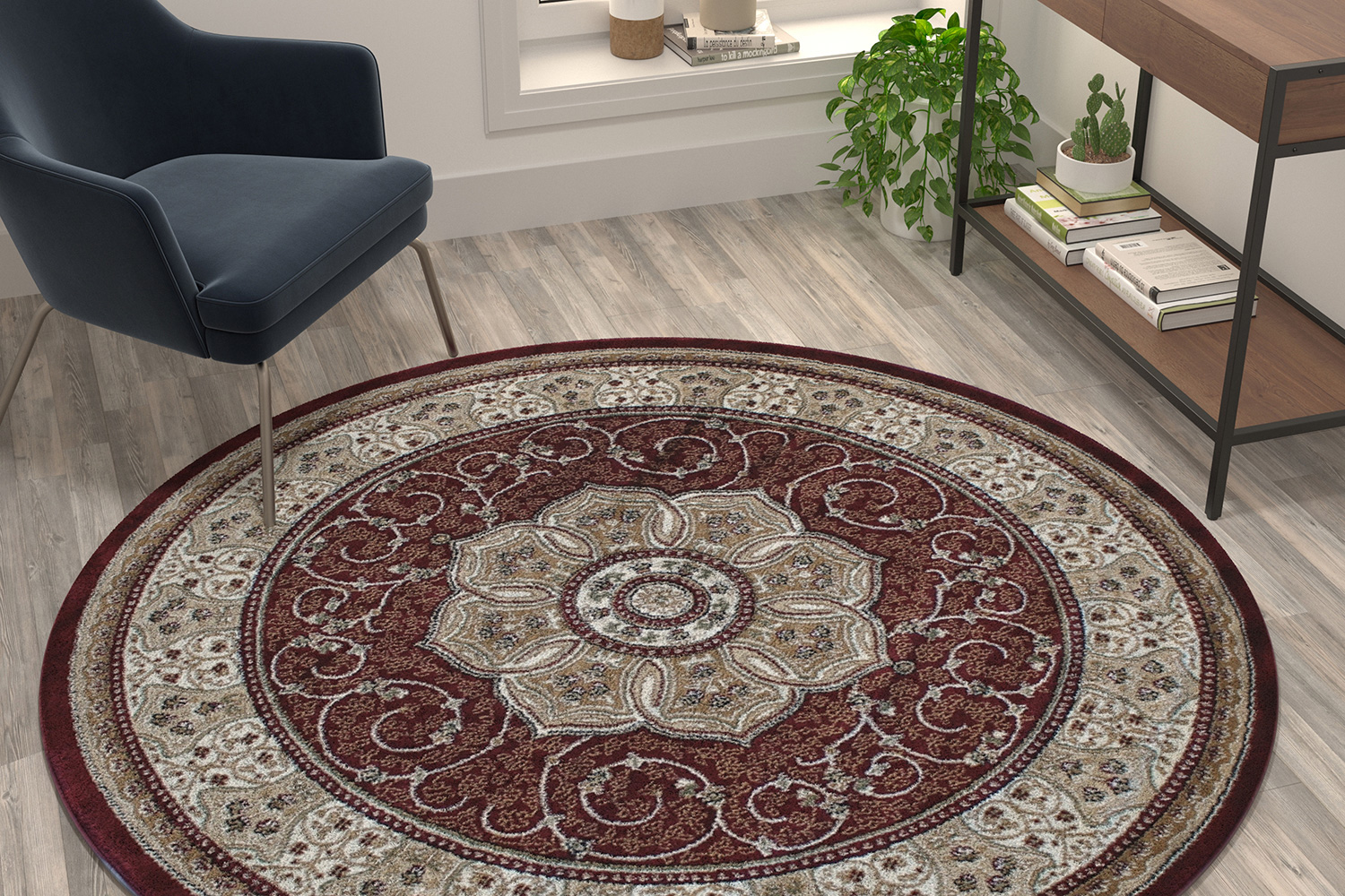 BLNK - Portman Collection Persian Style Round Olefin Area Rug with Jute Backing