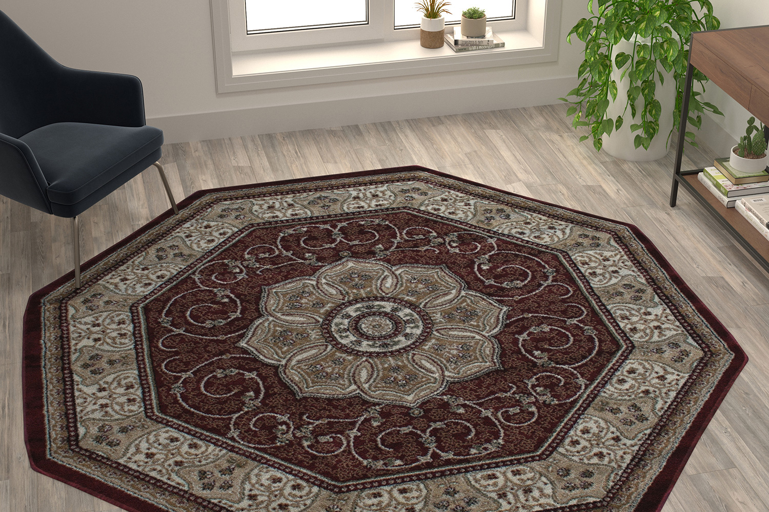 BLNK™ Portman Collection Persian Style Octagon Olefin Area Rug with Jute Backing - Burgundy, 7'W x 7'L