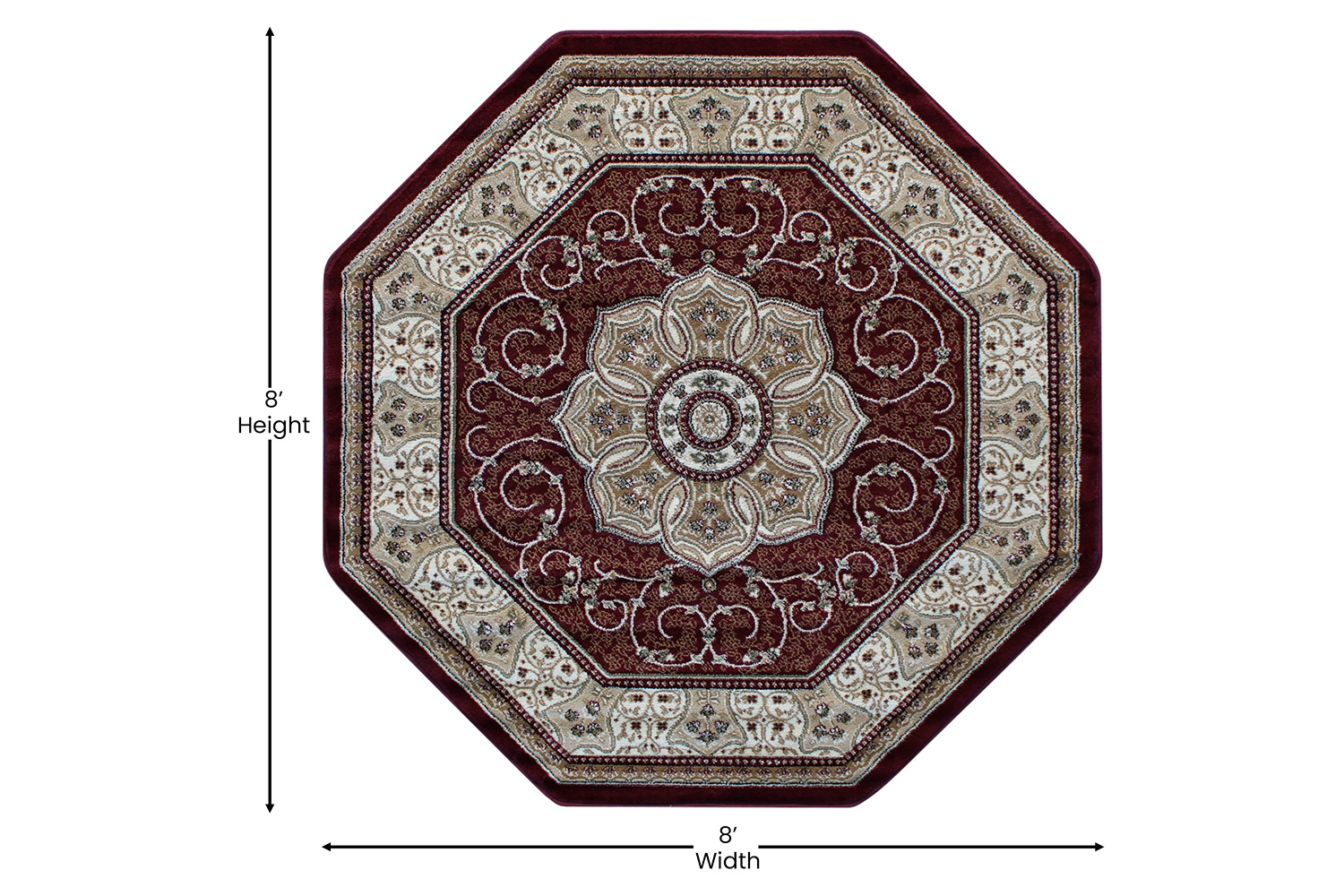 BLNK™ Portman Collection Persian Style Octagon Olefin Area Rug with Jute Backing - Burgundy, 7'W x 7'L