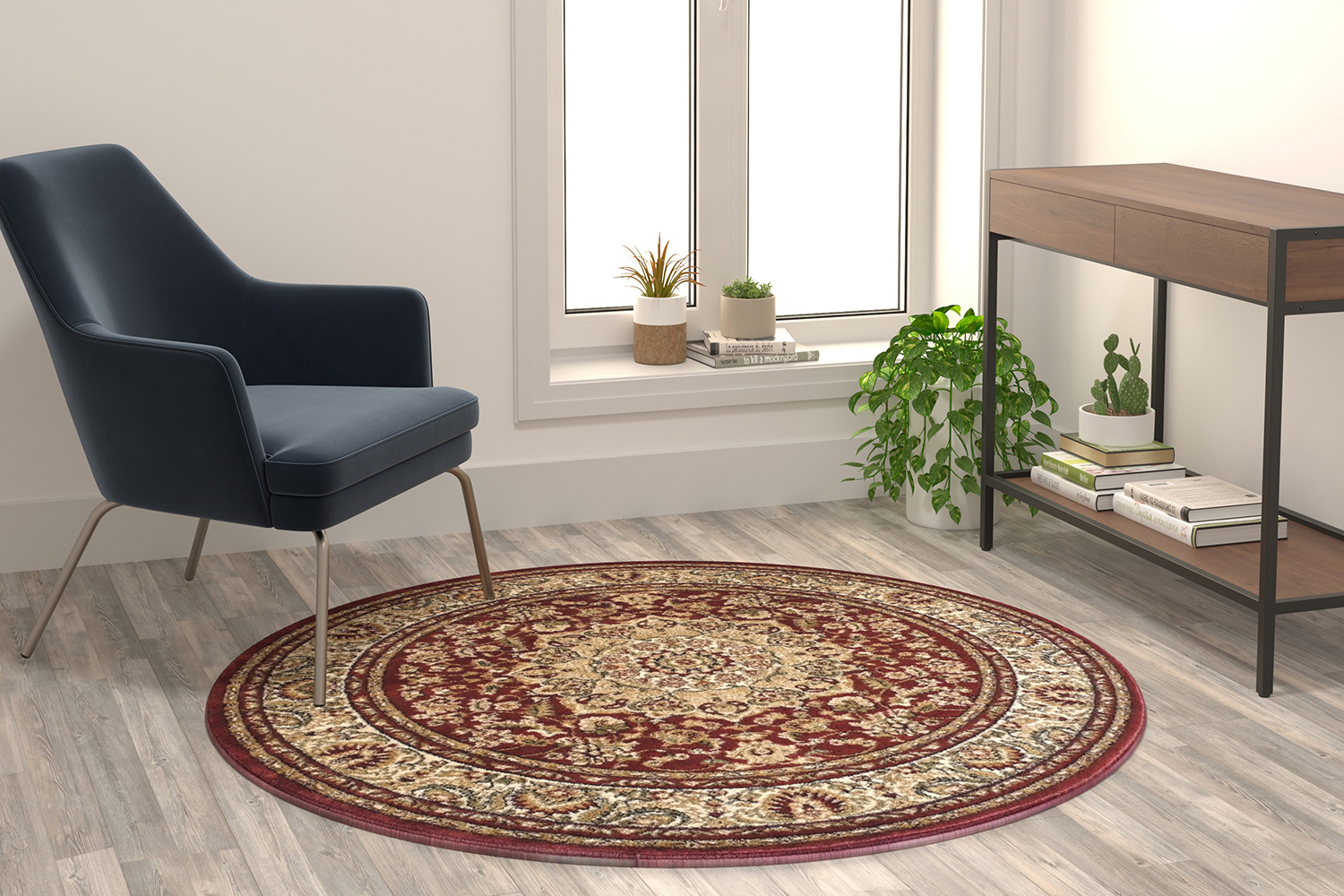 BLNK Mersin Collection Persian Style Octagon Olefin Area Rug with Jute Backing - Burgundy, 4'W x 4'L