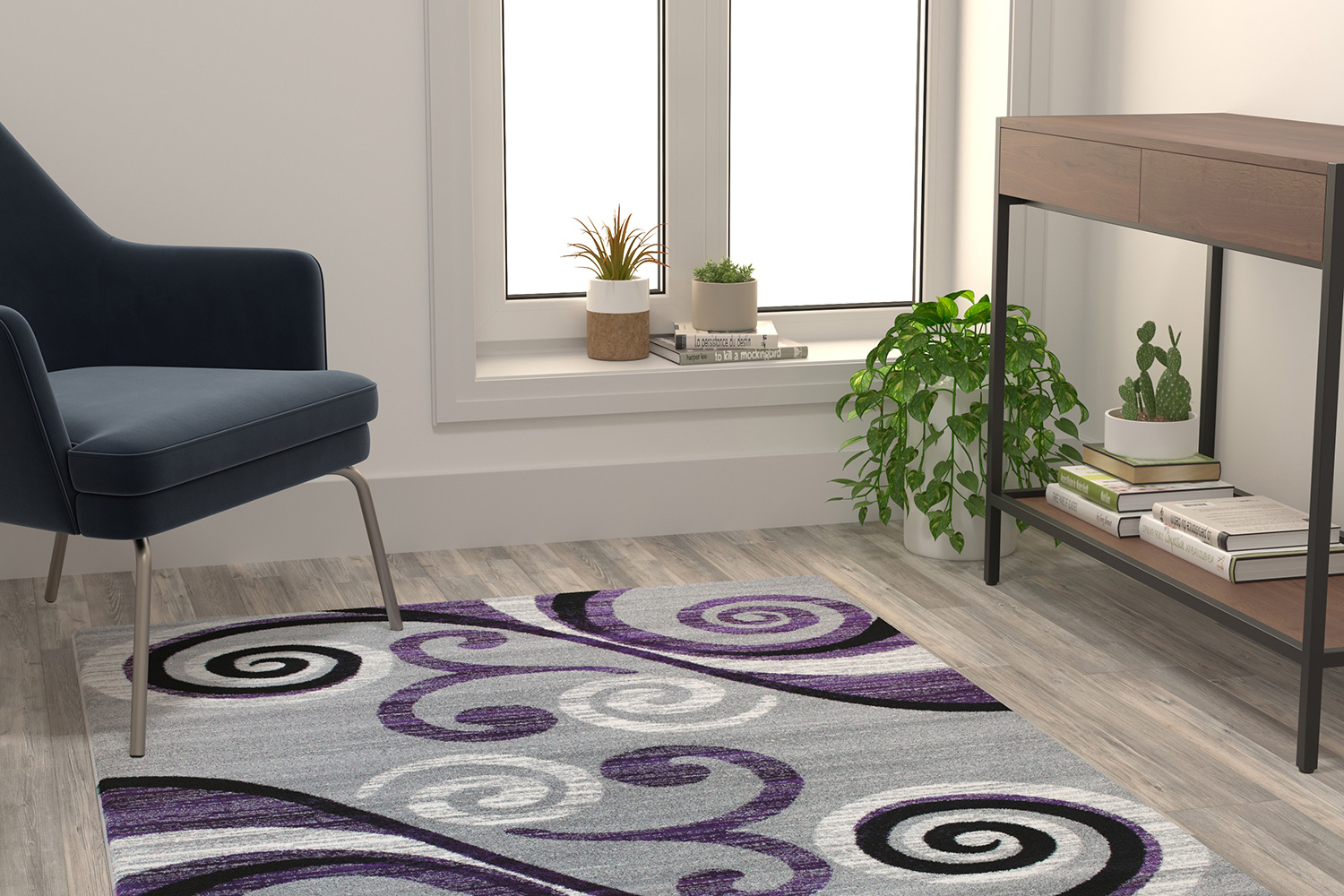 BLNK Valli Collection Abstract Olefin Area Rug with Jute Backing - Purple, 4'W x 5'L