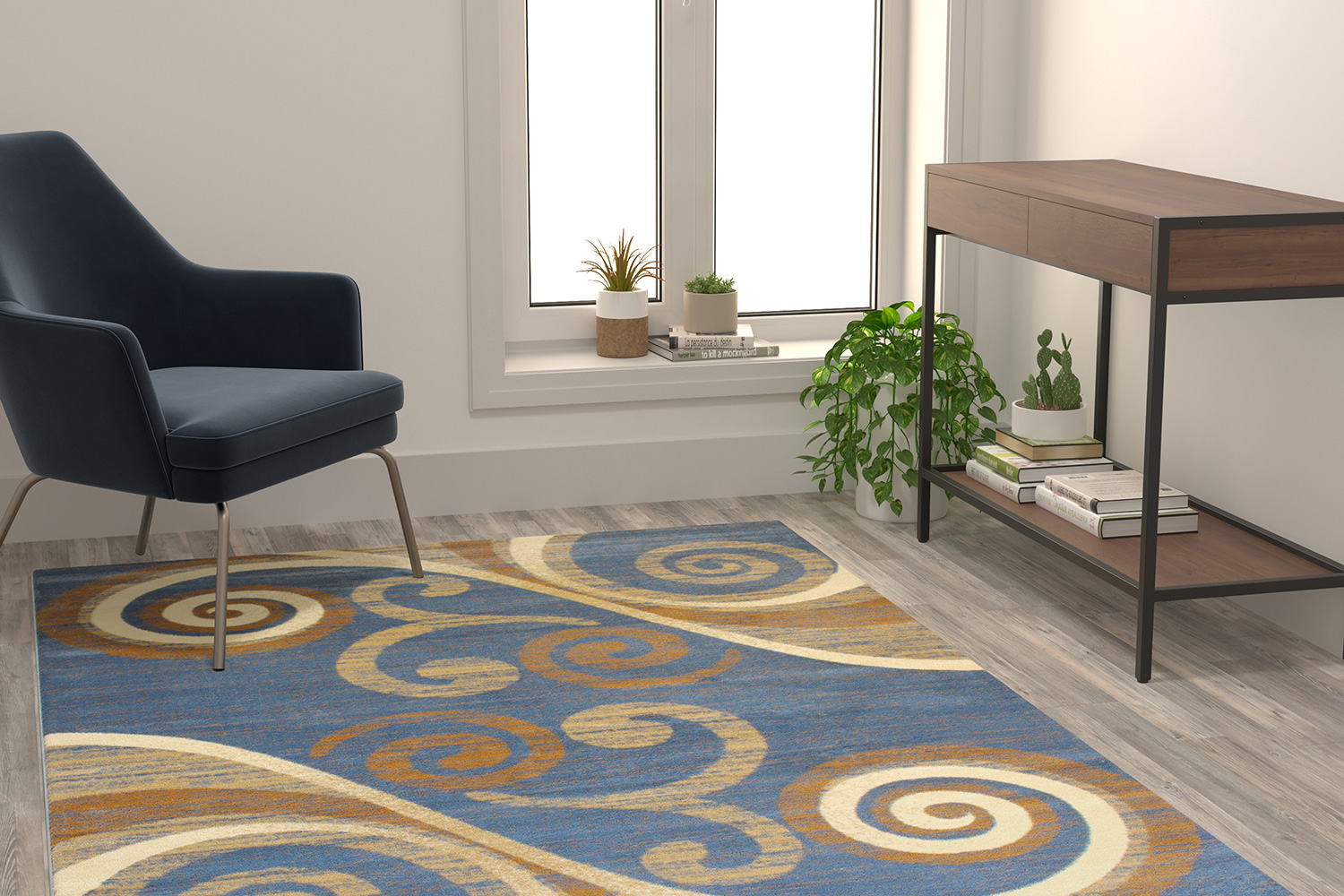 BLNK Valli Collection Abstract Olefin Area Rug with Jute Backing - Blue, 5'W x 7'L