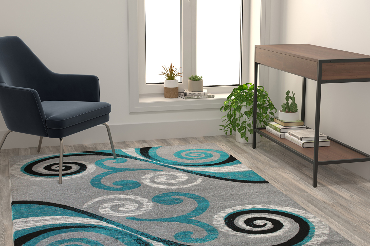 BLNK Valli Collection Abstract Olefin Area Rug with Jute Backing - Turquoise, 5'W x 7'L