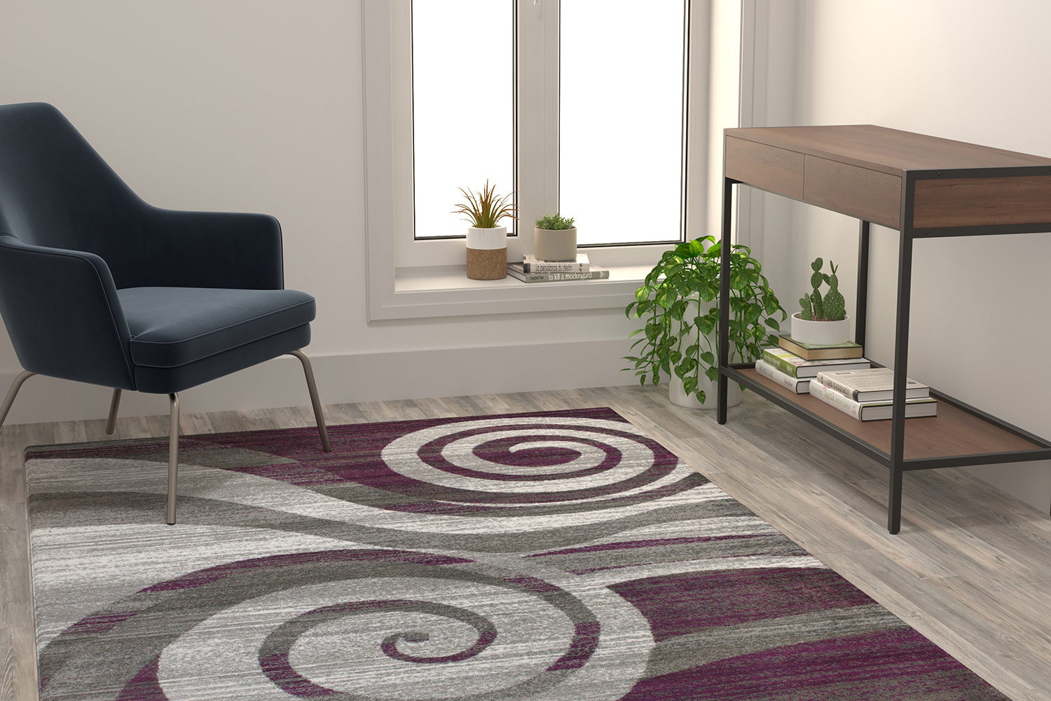 BLNK Cirrus Collection Olefin Swirl Patterned Area Rug with Jute Backing - Purple, 5'W x 7'L