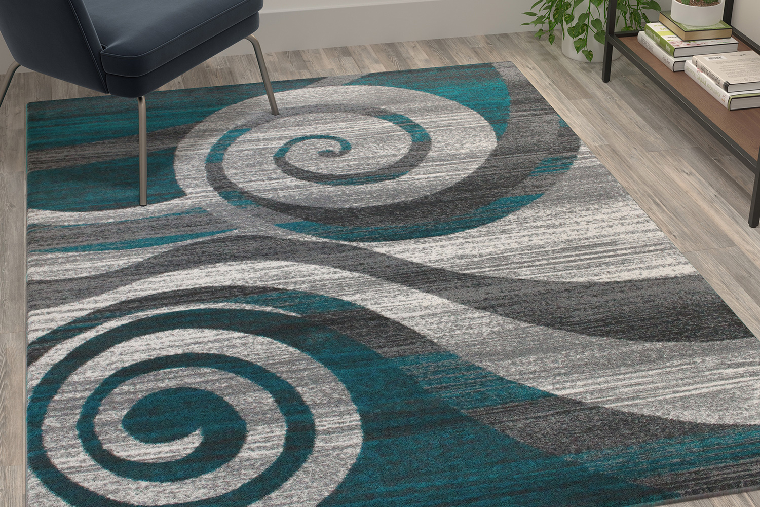 BLNK Cirrus Collection Olefin Swirl Patterned Area Rug with Jute Backing - Turquoise, 5'W x 7'L