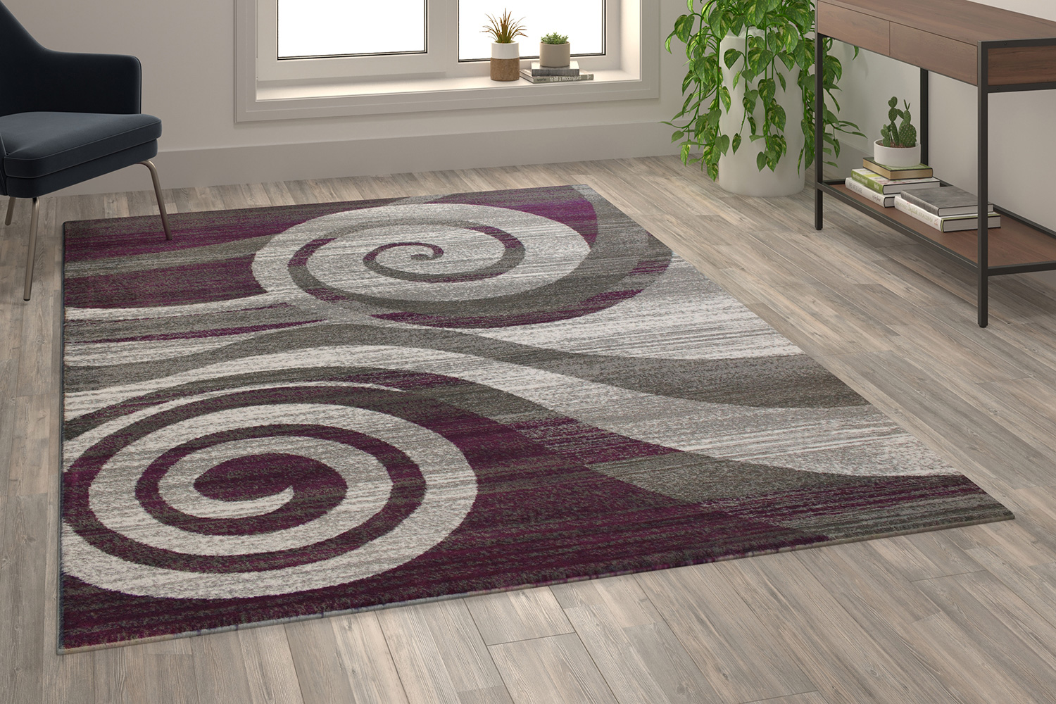 BLNK Cirrus Collection Olefin Swirl Patterned Area Rug with Jute Backing - Purple, 8'W x 10'L