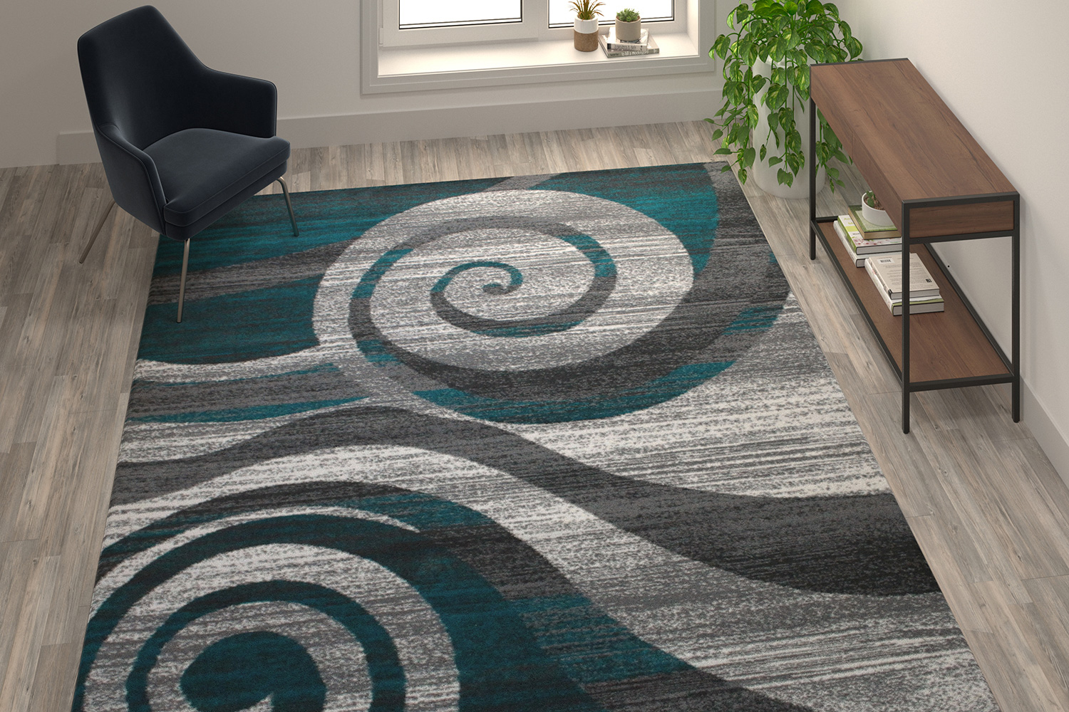 BLNK Cirrus Collection Olefin Swirl Patterned Area Rug with Jute Backing