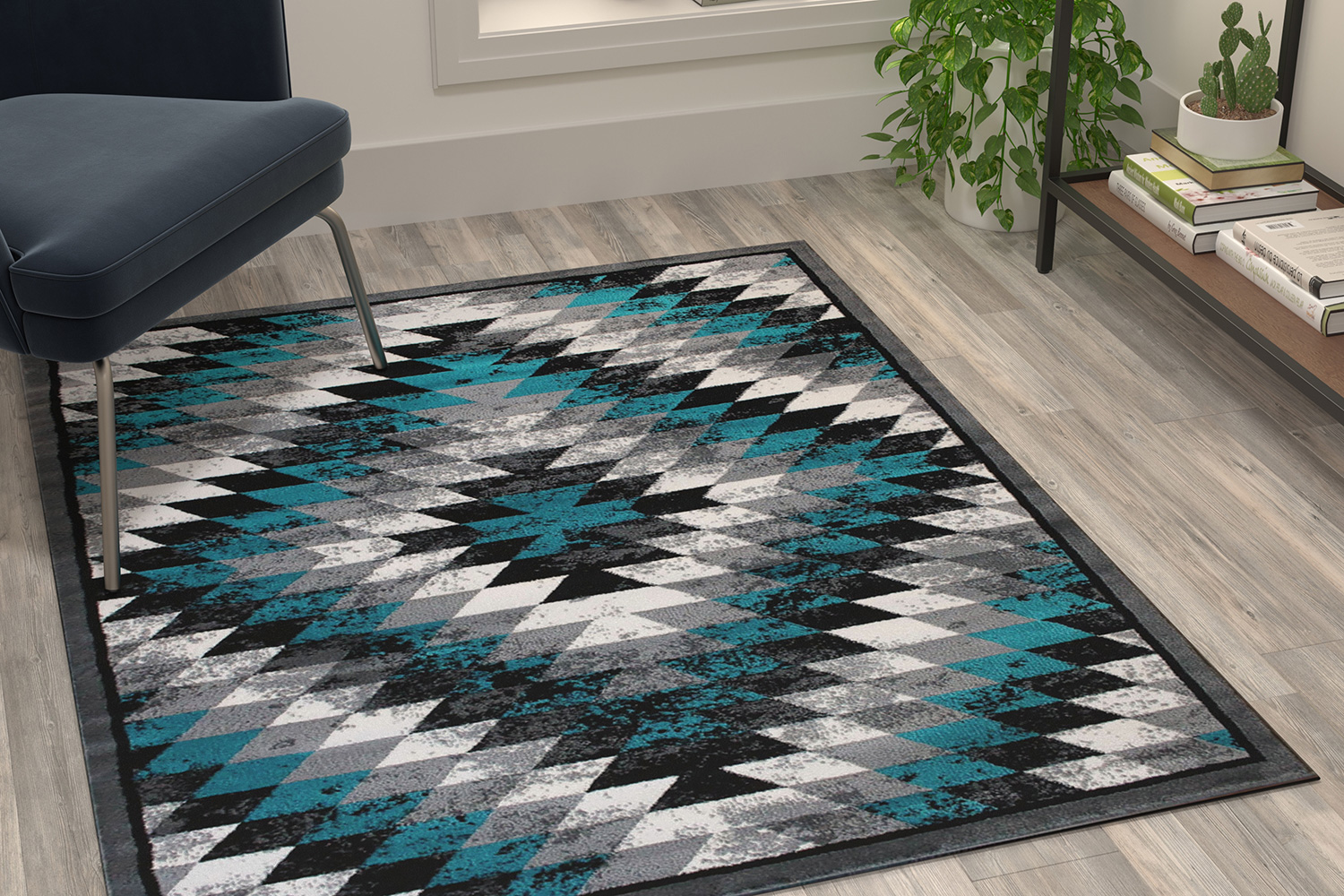 BLNK Teagan Collection Southwestern Style Olefin Area Rug with Jute Backing - Turquoise, 4'W x 5'L