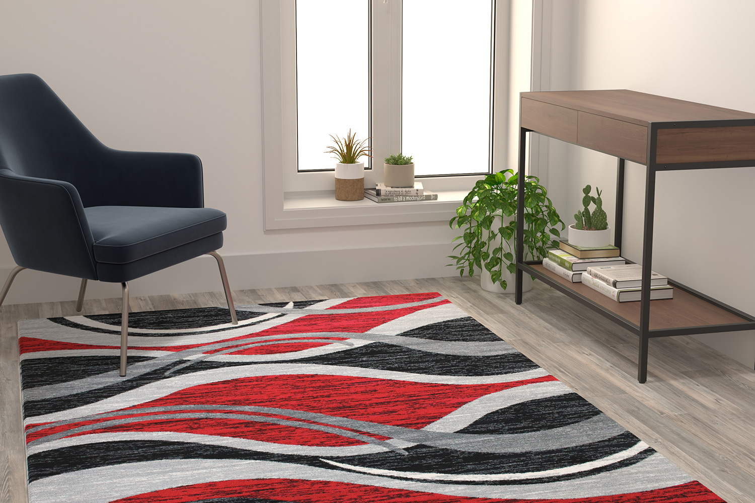 BLNK Wisp Collection Olefin Rippled Area Rug with Jute Backing - Red, 5'W x 7'L