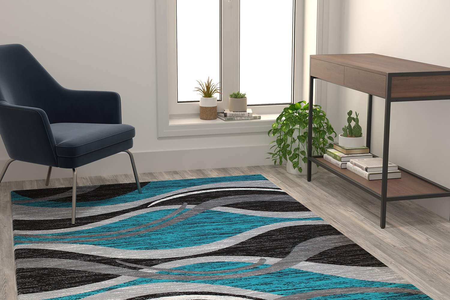 BLNK Wisp Collection Olefin Rippled Area Rug with Jute Backing - Turquoise, 5'W x 7'L