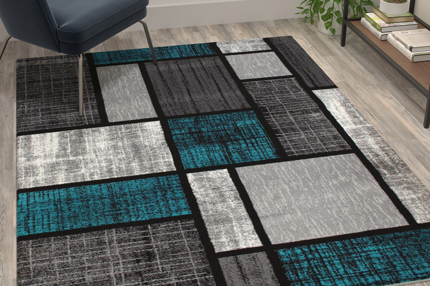 BLNK Raven Collection Olefin Color Bricked Area Rug with Jute Backing - Turquoise, 5'W x 7'L