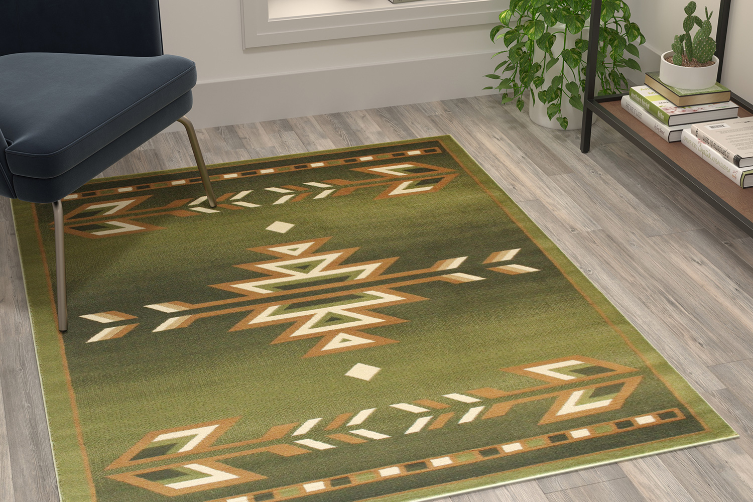 BLNK Lodi Collection Southwestern Style Olefin Area Rug with Jute Backing - Green, 4'W x 5'L