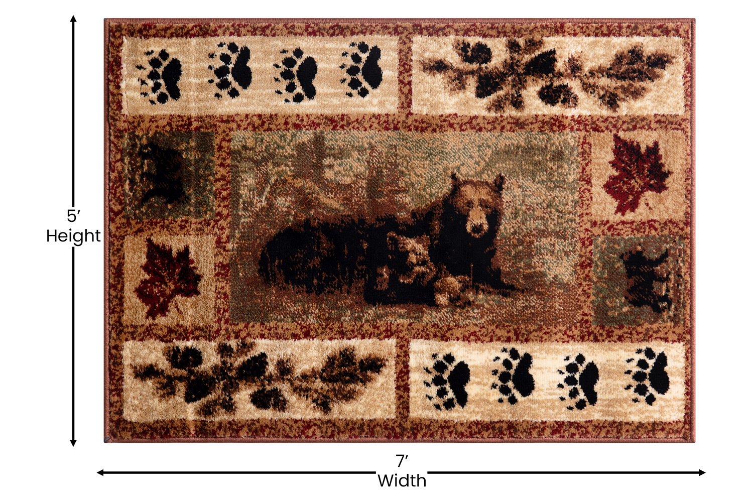 BLNK Vassa Collection Olefin Mother Bear and Cubs Nature Themed Area Rug with Jute Backing - 5'W x 7'L