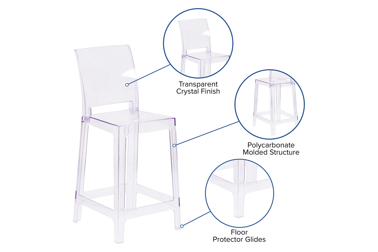 BLNK - Emilie Ghost Counter Stool with Square Back in Transparent Crystal