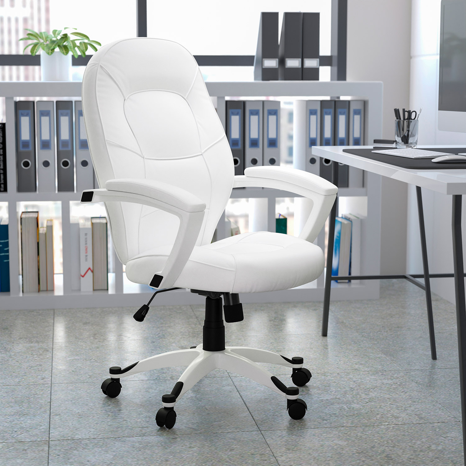 BLNK - Quincey LeatherSoft Mid-Back Tapered Back Executive Swivel Office Chair with White Base and Arms