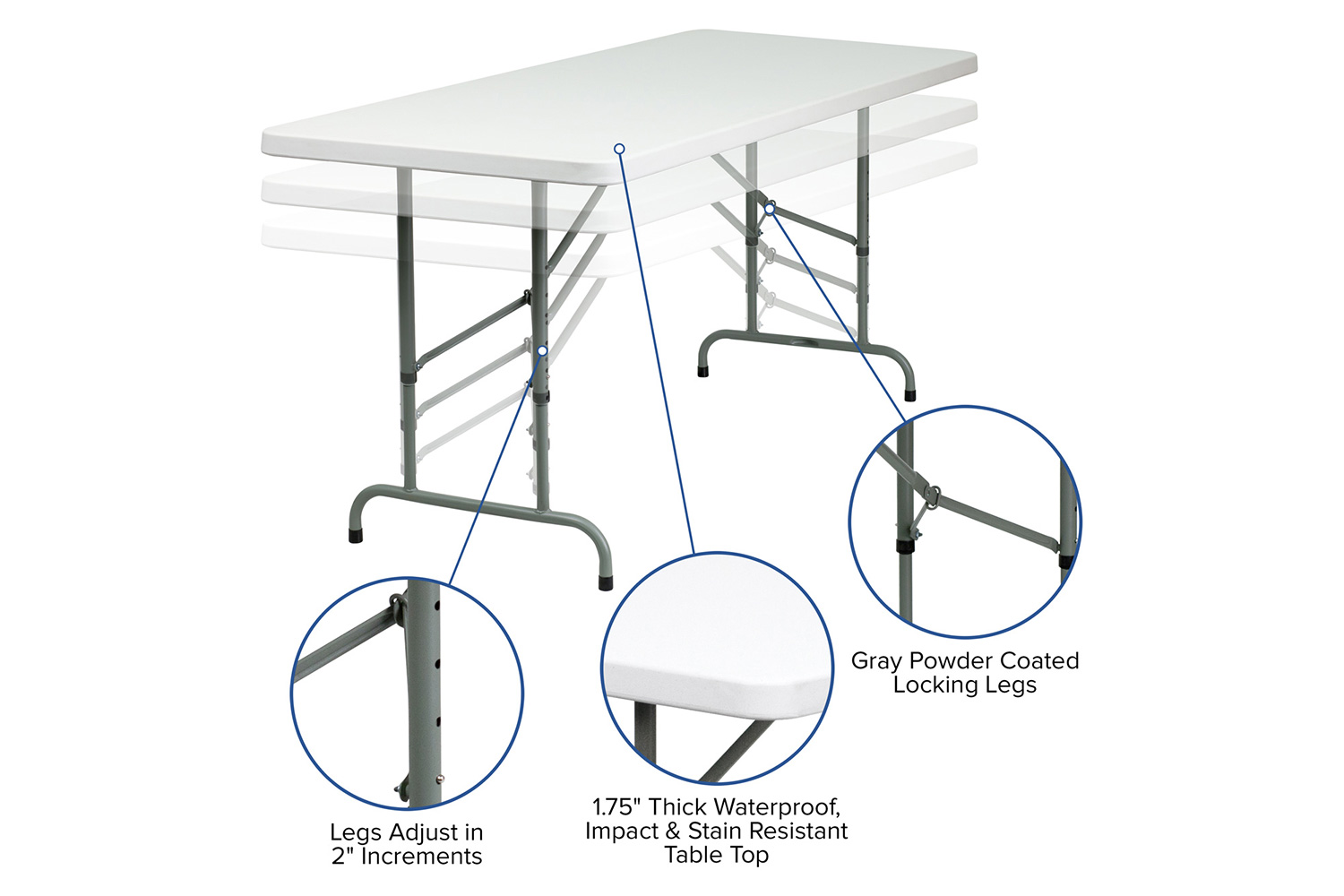 BLNK Granite White Plastic Height Adjustable Folding Table - 6'L