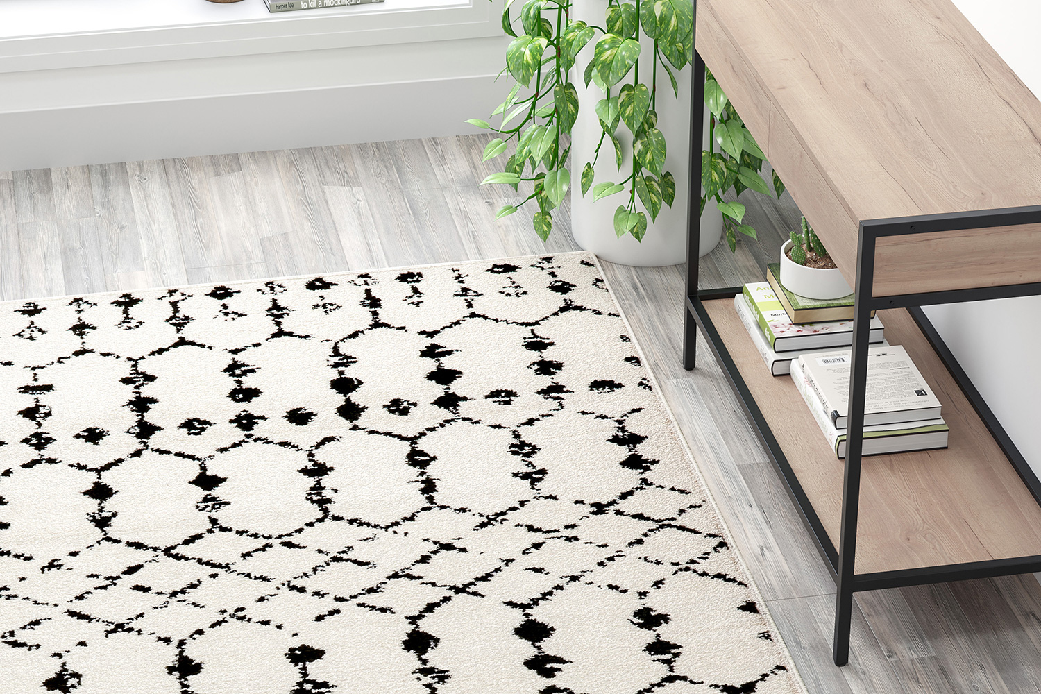 BLNK Beth Geometric Bohemian Low Pile Rug - Ivory/Black, 8'W x 10'L