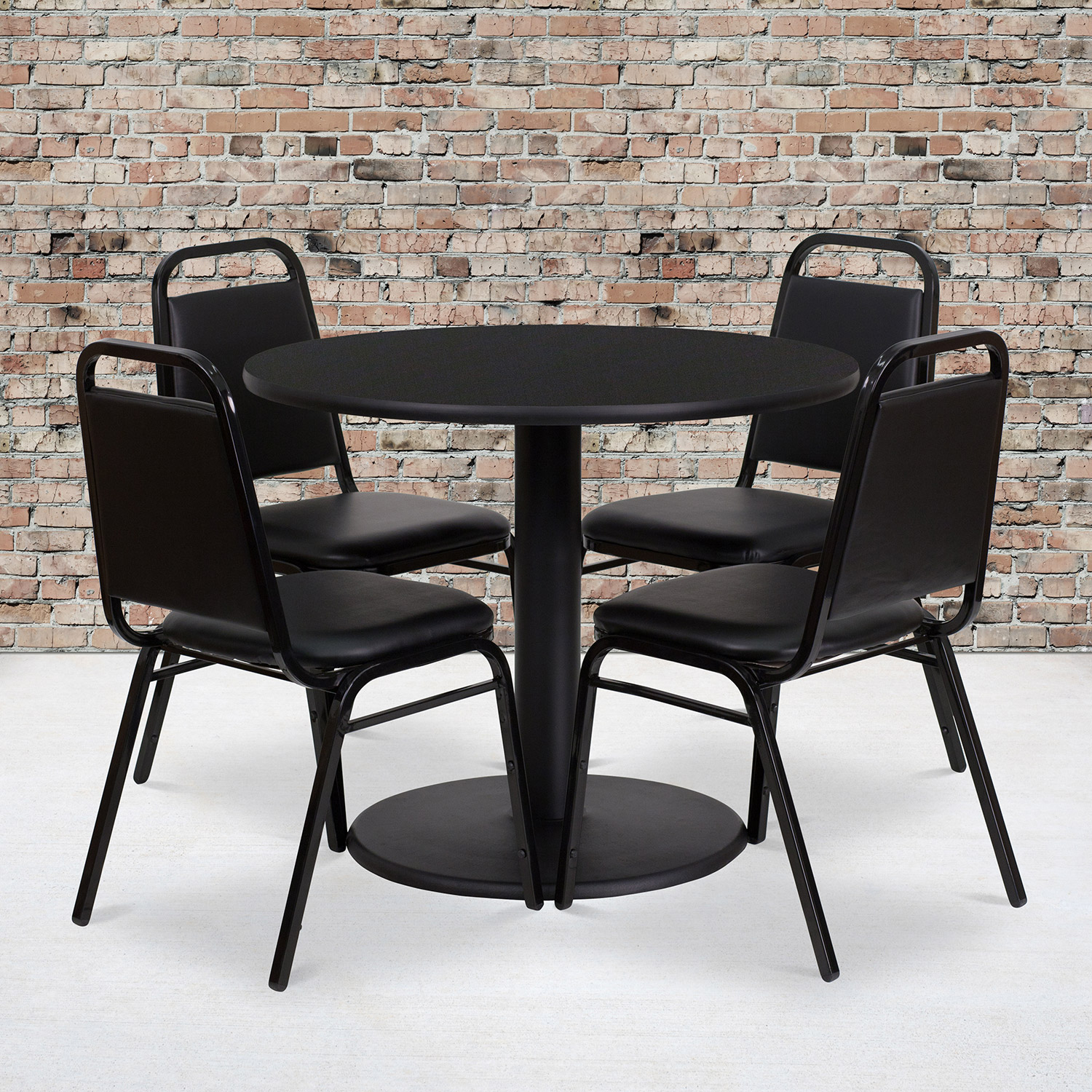 BLNK Jamie Round Laminate Table Set with Round Base and 4 Black Trapezoidal Back Banquet Chairs