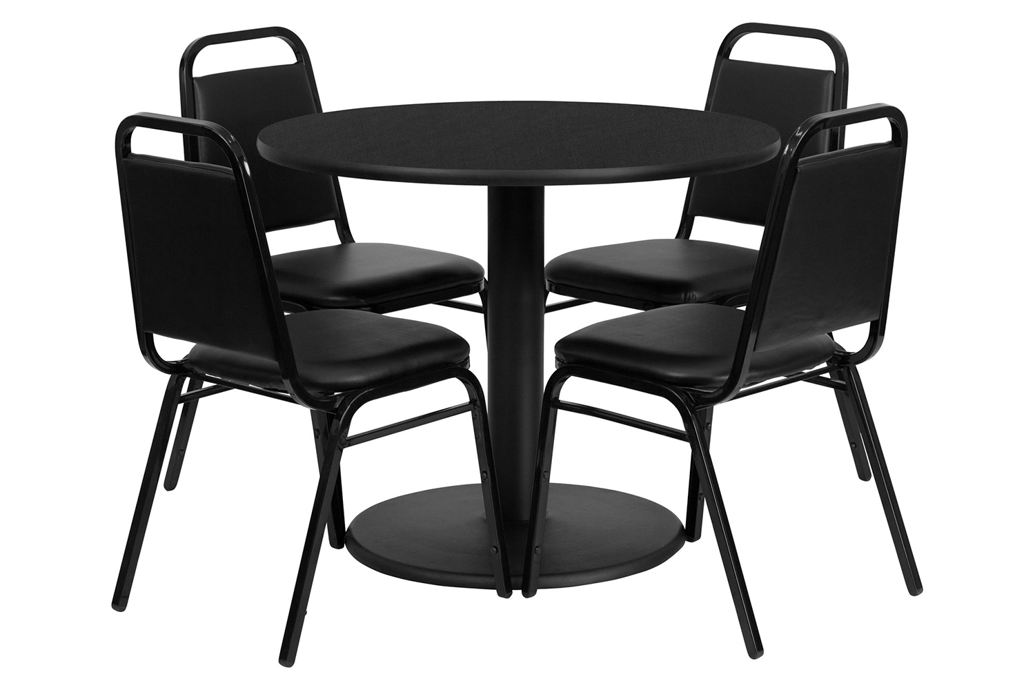 BLNK Jamie Round Laminate Table Set with Round Base and 4 Black Trapezoidal Back Banquet Chairs - Black