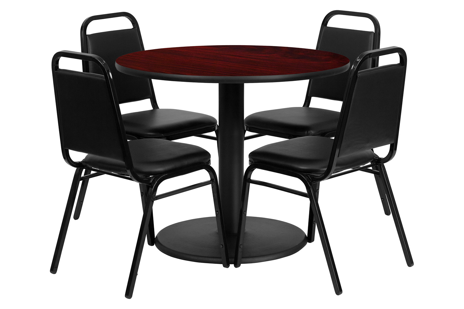 BLNK Jamie Round Laminate Table Set with Round Base and 4 Black Trapezoidal Back Banquet Chairs - Mahogany