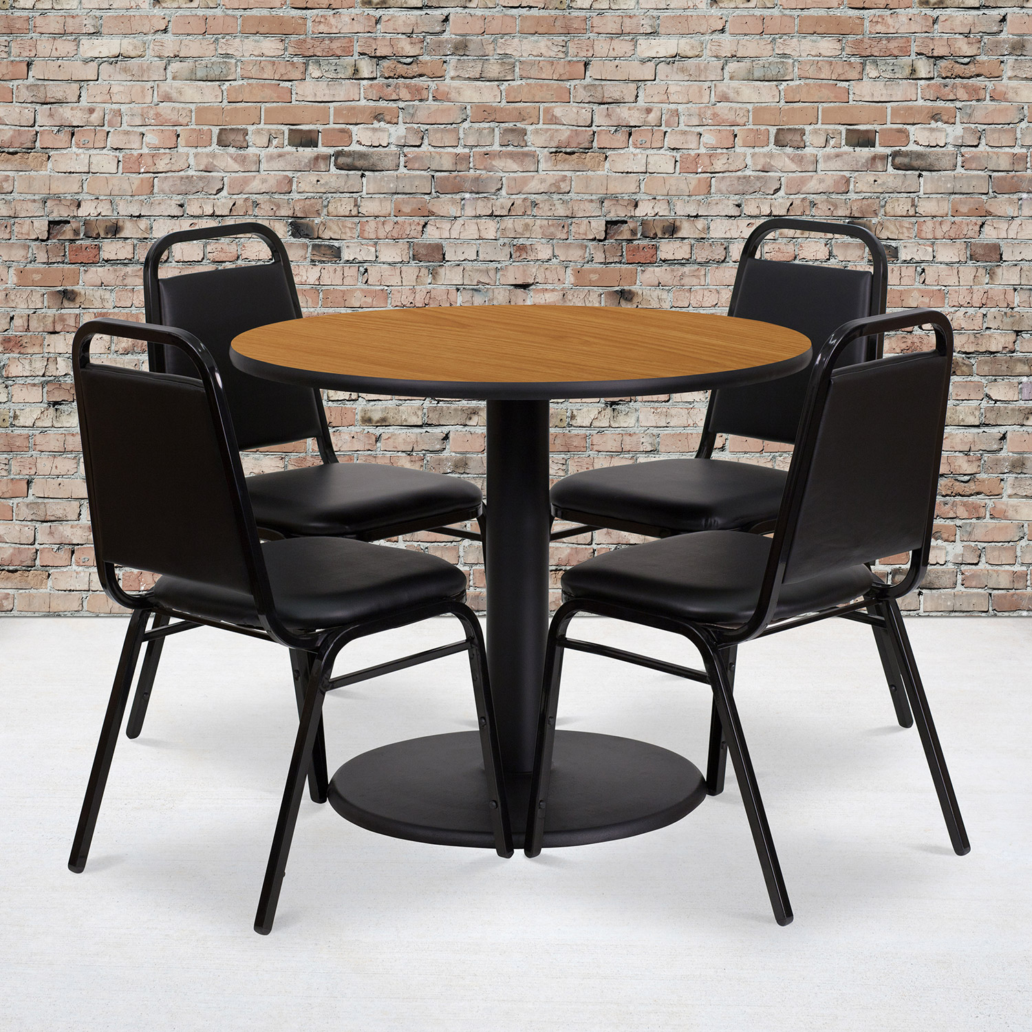 BLNK Jamie Round Laminate Table Set with Round Base and 4 Black Trapezoidal Back Banquet Chairs