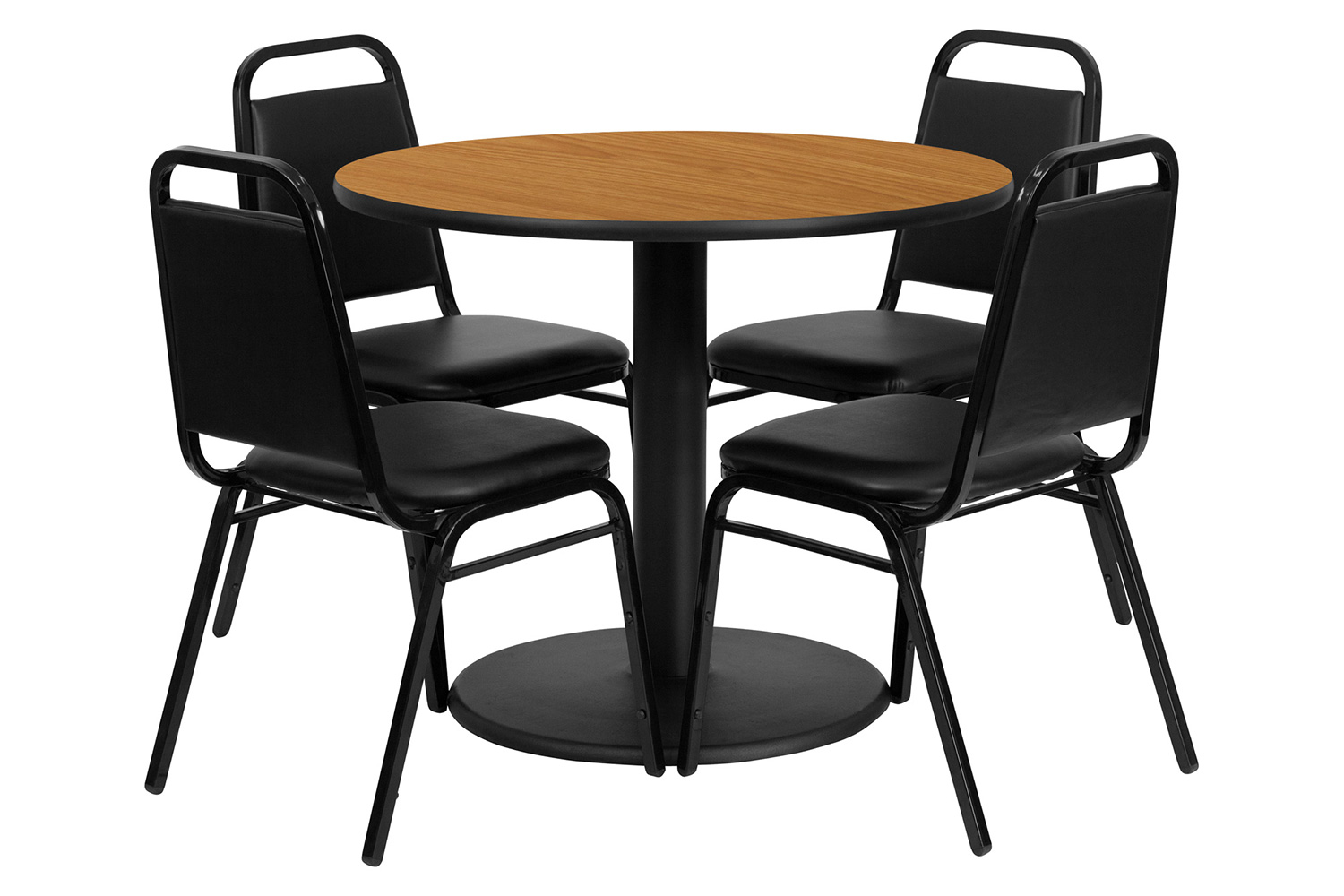 BLNK Jamie Round Laminate Table Set with Round Base and 4 Black Trapezoidal Back Banquet Chairs - Natural