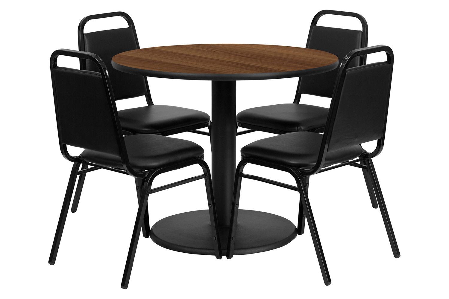 BLNK Jamie Round Laminate Table Set with Round Base and 4 Black Trapezoidal Back Banquet Chairs