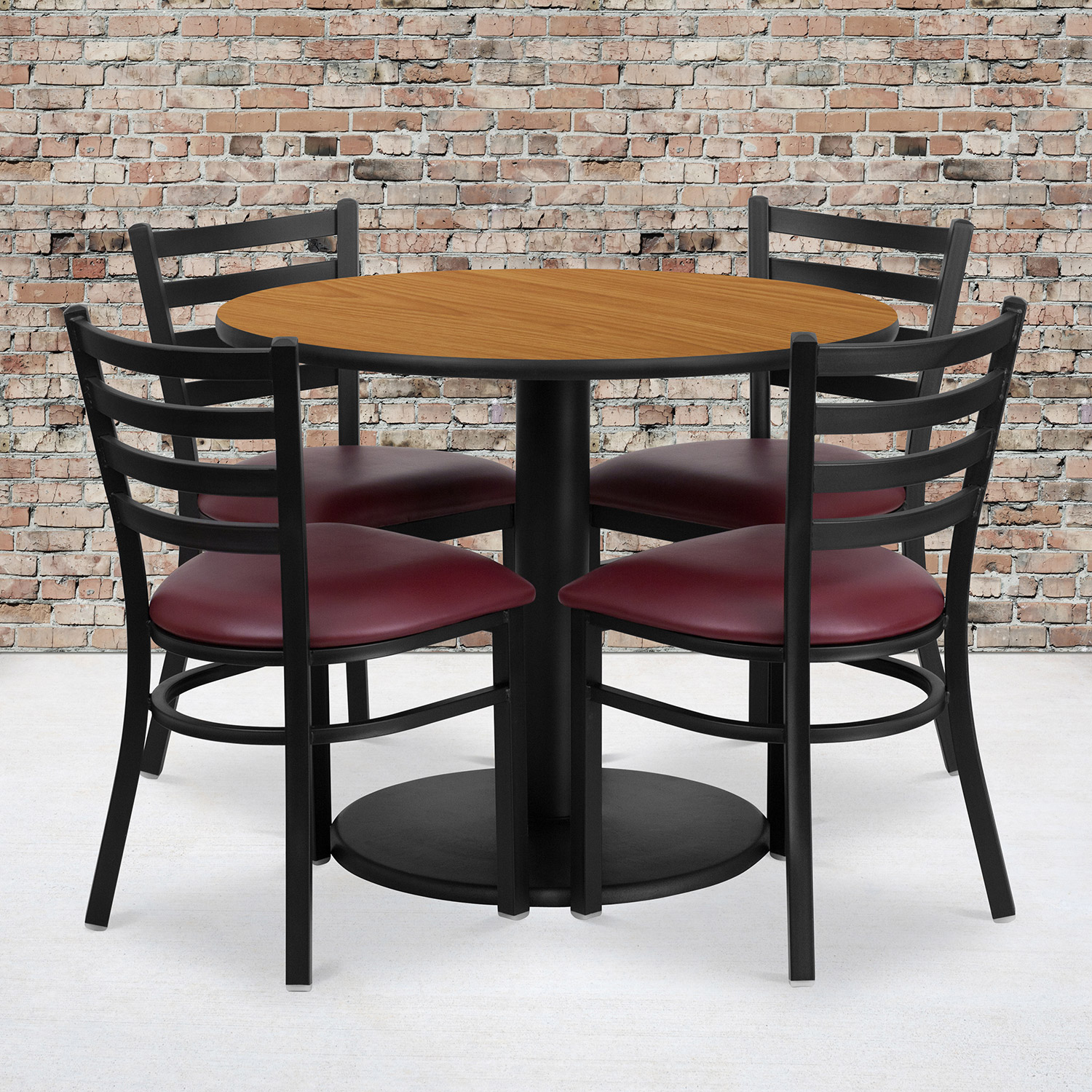 BLNK Jamie Round Natural Laminate Table Set with Round Base and 4 Ladder Back Metal Chairs with Vinyl Seat