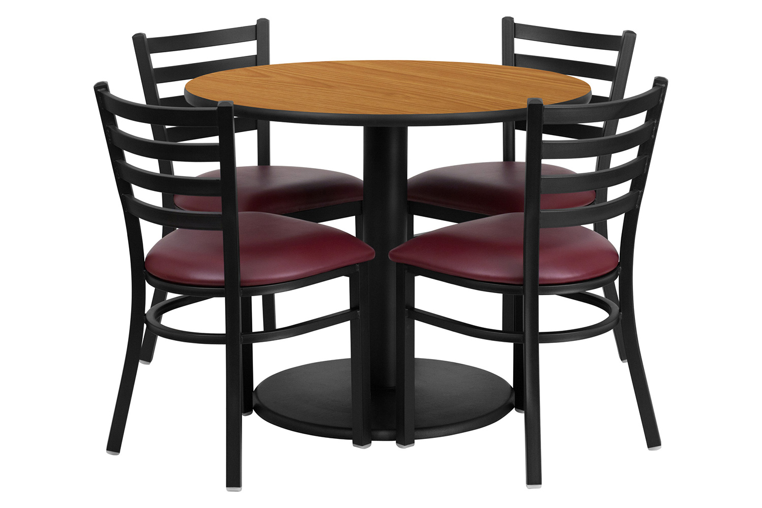 BLNK Jamie Round Natural Laminate Table Set with Round Base and 4 Ladder Back Metal Chairs with Vinyl Seat - Burgundy