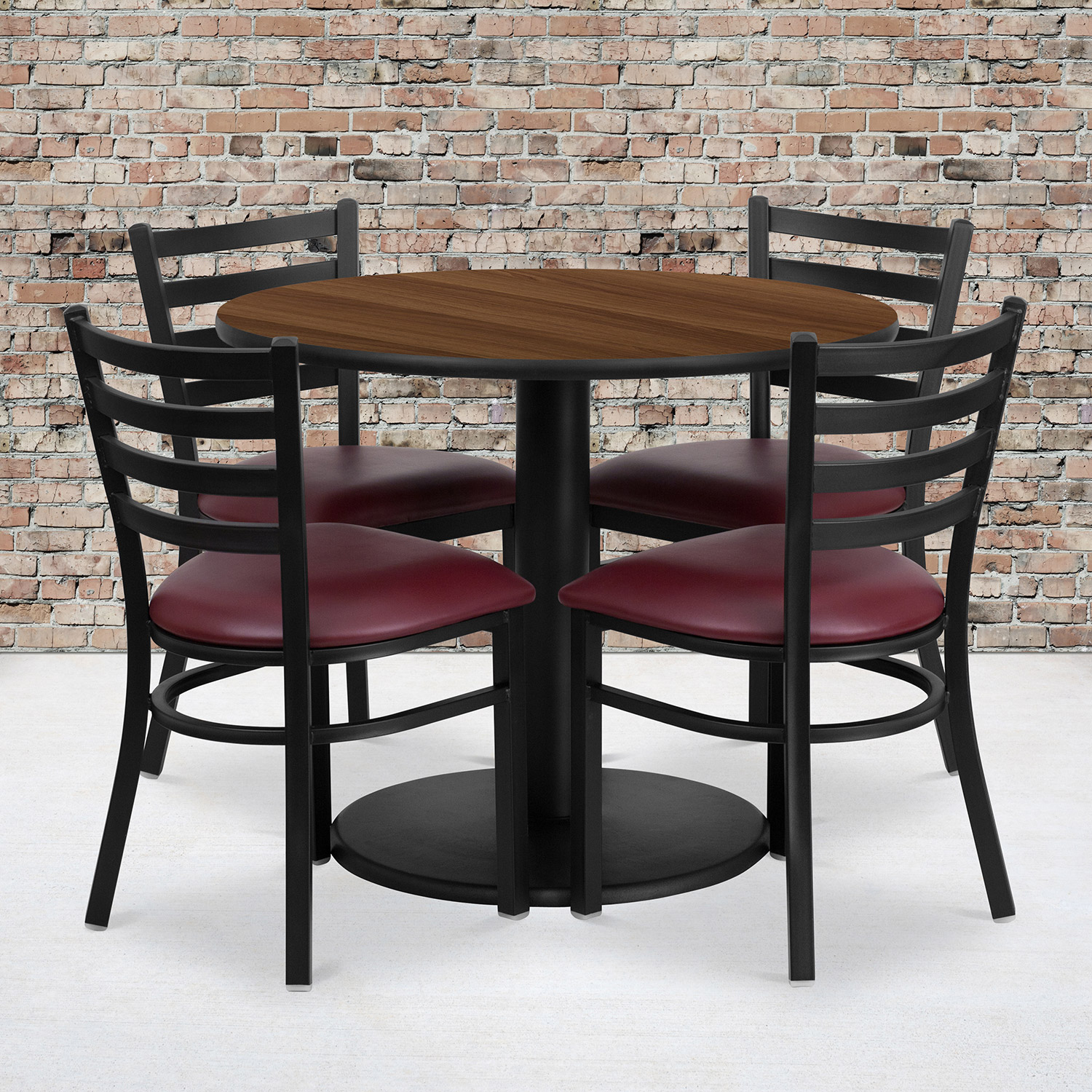 BLNK Jamie Round Walnut Laminate Table Set with Round Base and 4 Ladder Back Metal Chairs with Vinyl Seat