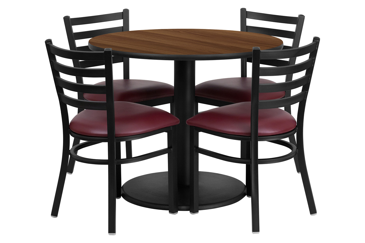 BLNK Jamie Round Walnut Laminate Table Set with Round Base and 4 Ladder Back Metal Chairs with Vinyl Seat - Burgundy