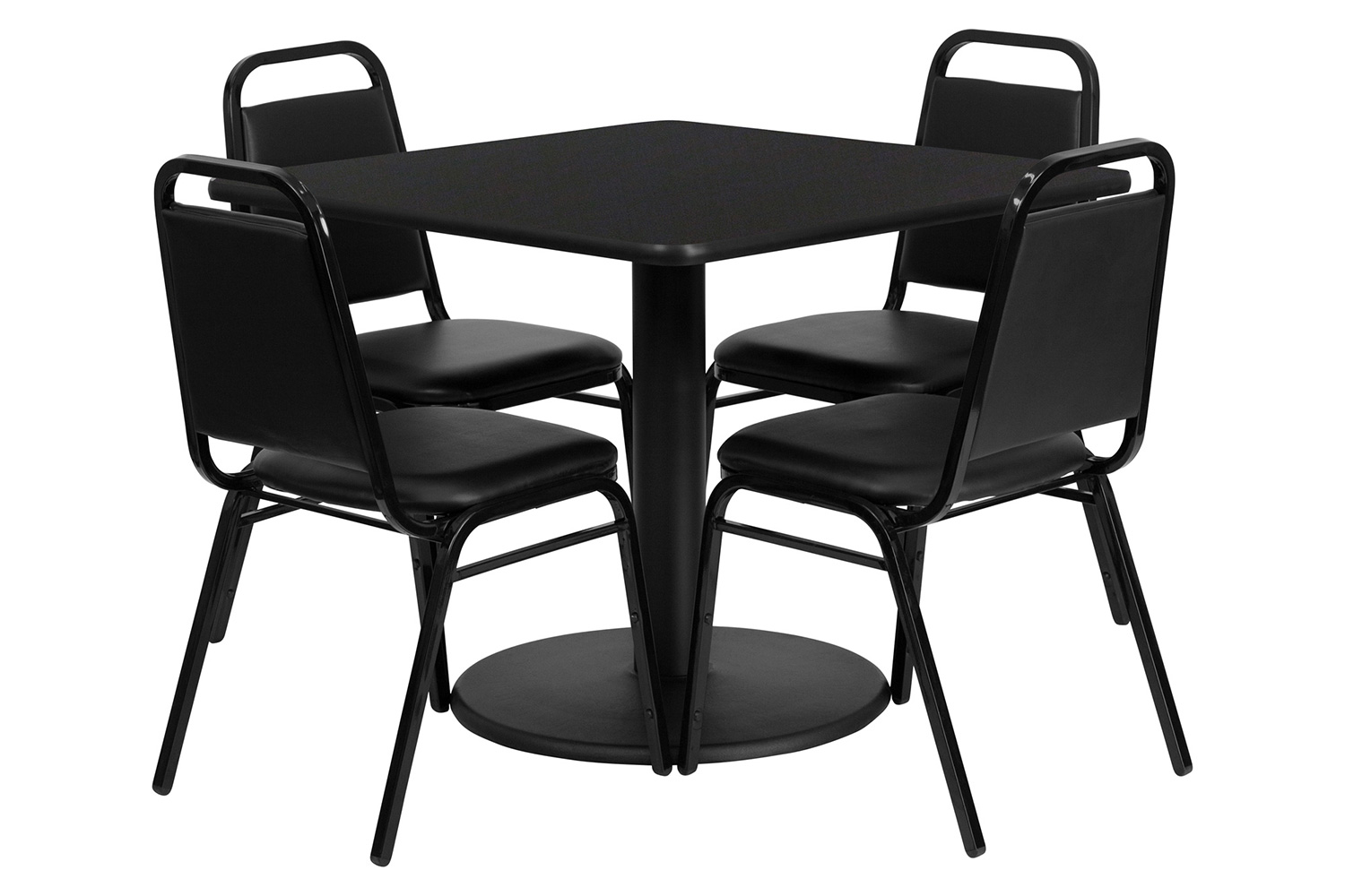 BLNK Jamie Square Laminate Table Set with Round Base and 4 Black Trapezoidal Back Banquet Chairs - Black