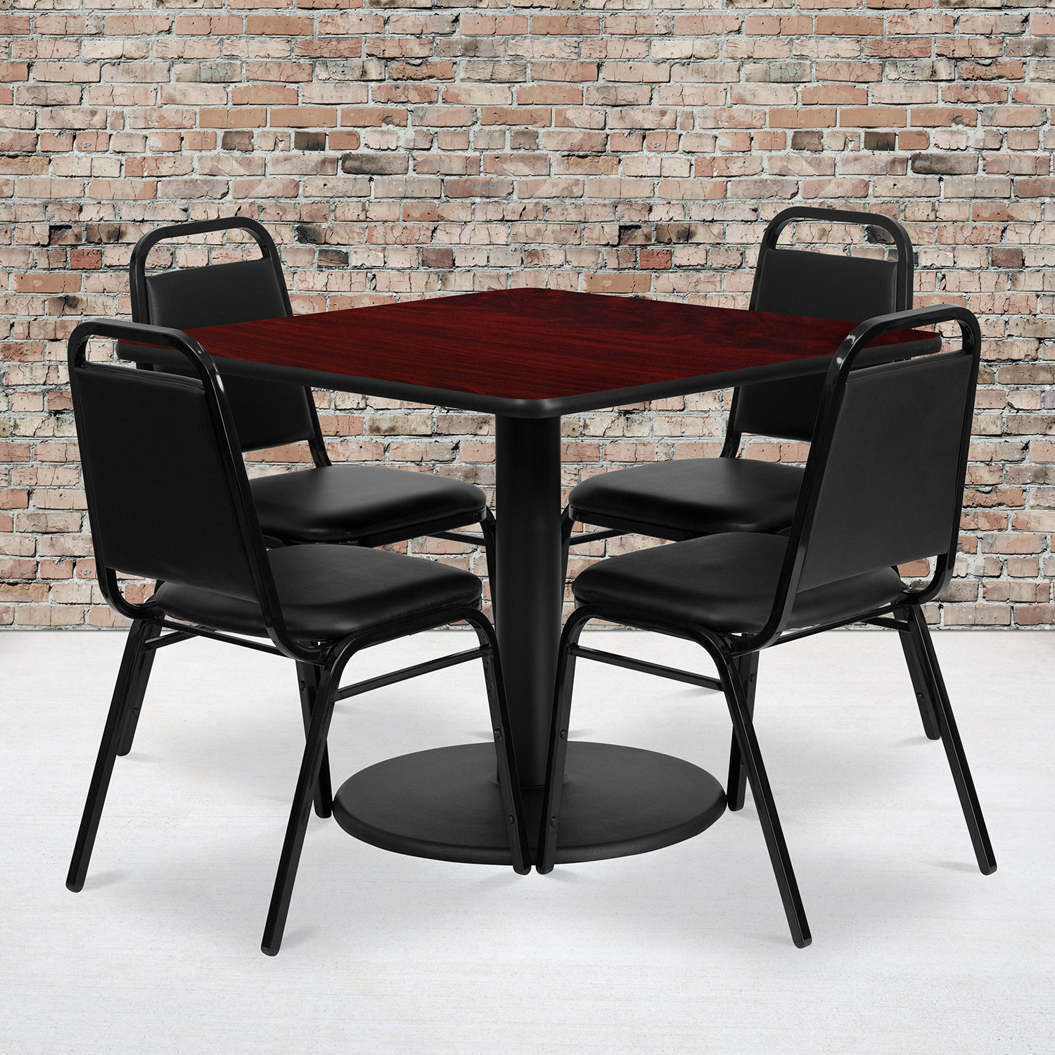 BLNK Jamie Square Laminate Table Set with Round Base and 4 Black Trapezoidal Back Banquet Chairs