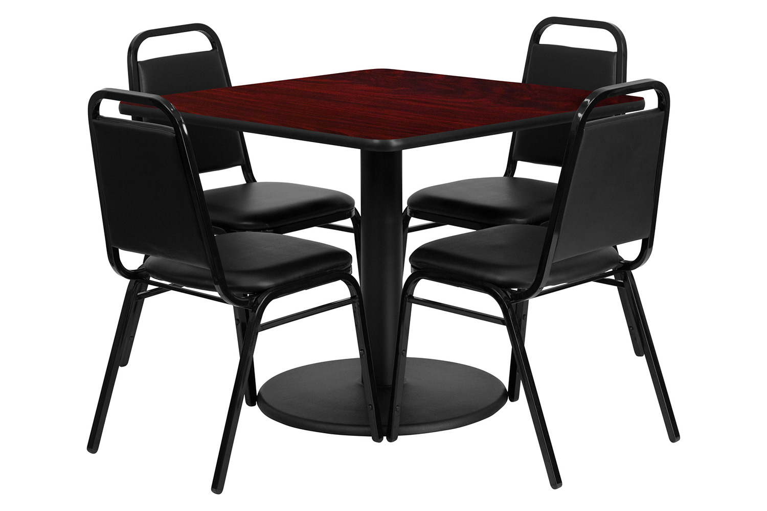 BLNK Jamie Square Laminate Table Set with Round Base and 4 Black Trapezoidal Back Banquet Chairs - Mahogany