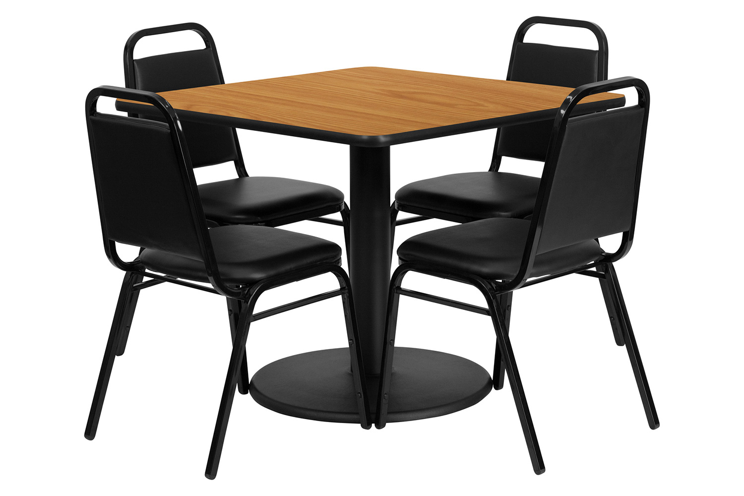 BLNK Jamie Square Laminate Table Set with Round Base and 4 Black Trapezoidal Back Banquet Chairs