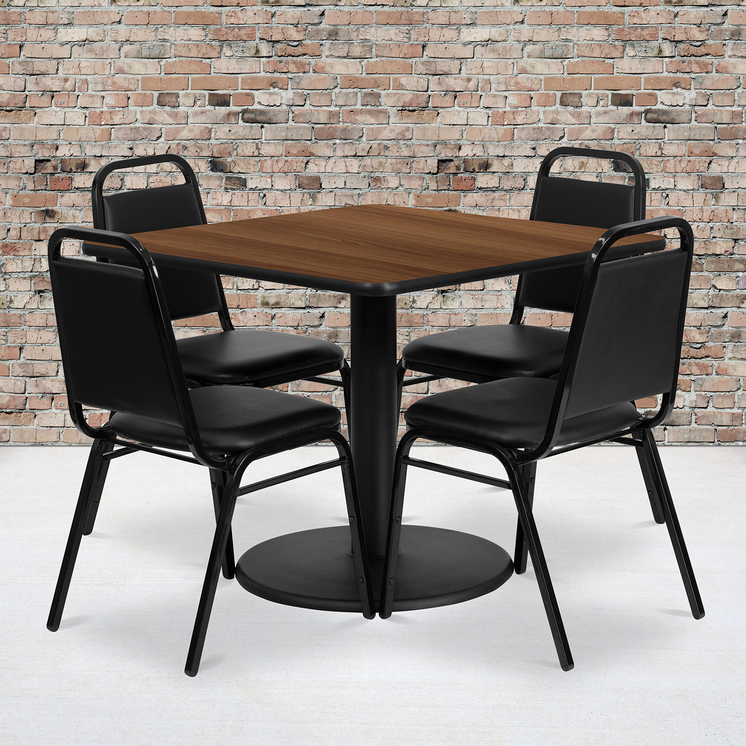 BLNK Jamie Square Laminate Table Set with Round Base and 4 Black Trapezoidal Back Banquet Chairs