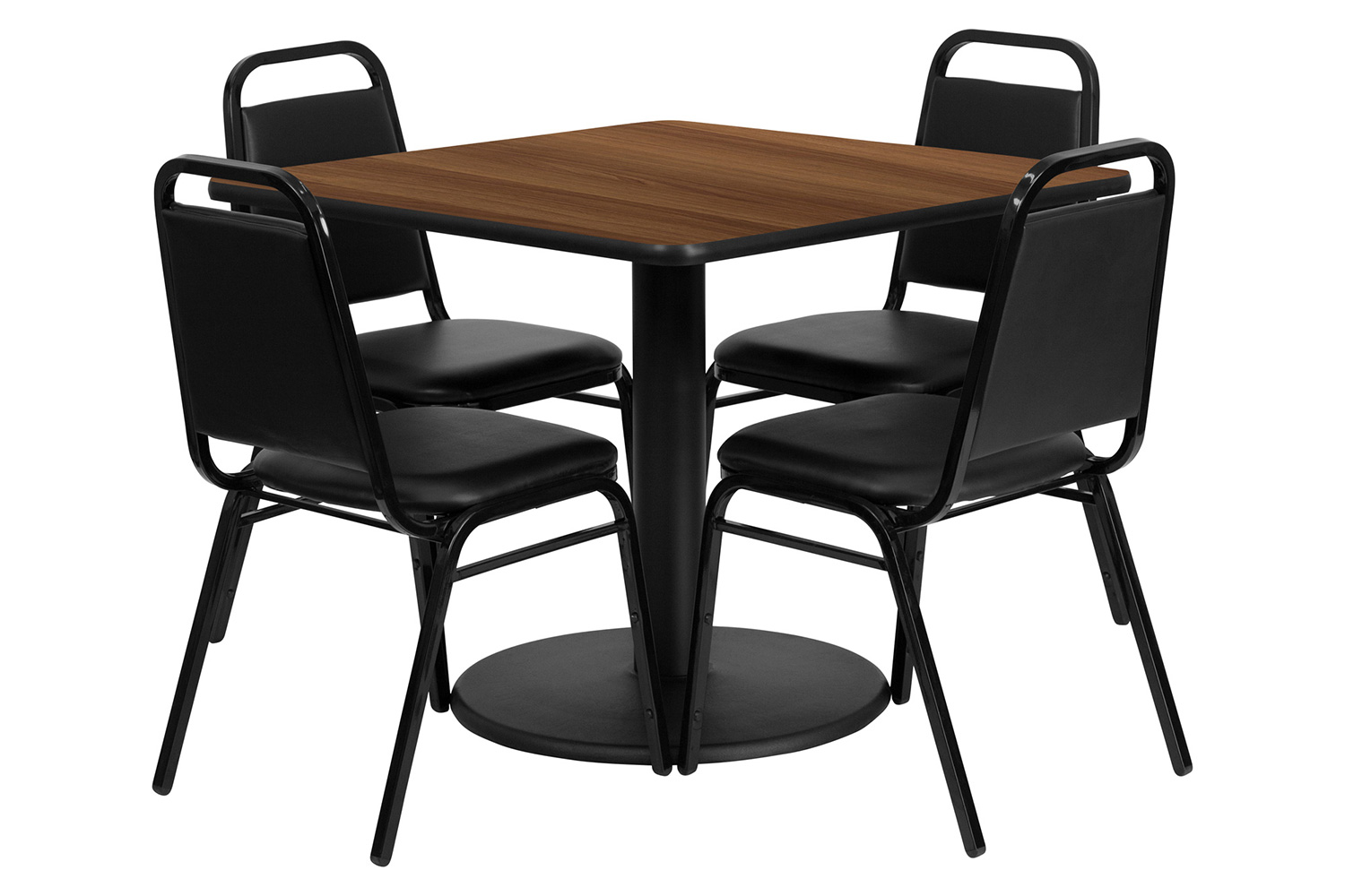 BLNK Jamie Square Laminate Table Set with Round Base and 4 Black Trapezoidal Back Banquet Chairs - Walnut