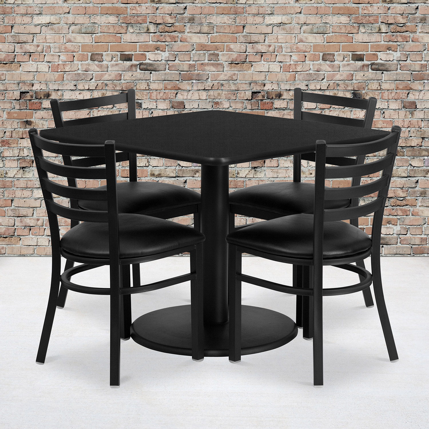 BLNK Jamie Square Laminate Table Set with Round Base and 4 Ladder Back Metal Chairs with Black Vinyl Seat