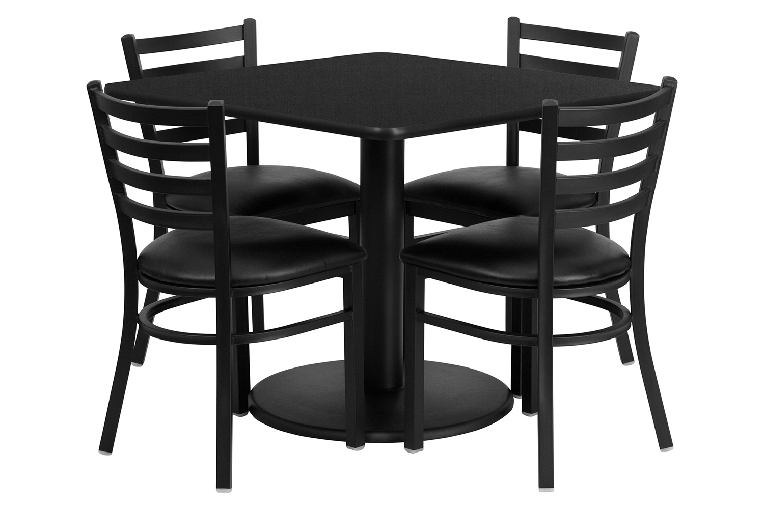 BLNK Jamie Square Laminate Table Set with Round Base and 4 Ladder Back Metal Chairs with Black Vinyl Seat - Black