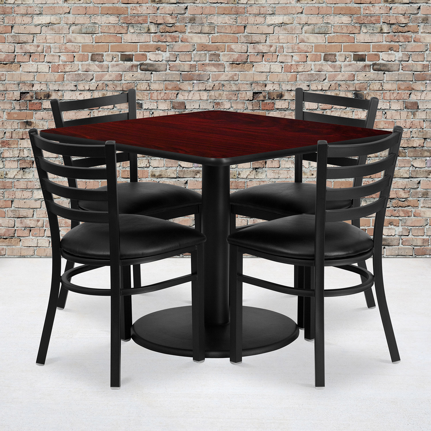 BLNK Jamie Square Laminate Table Set with Round Base and 4 Ladder Back Metal Chairs with Black Vinyl Seat