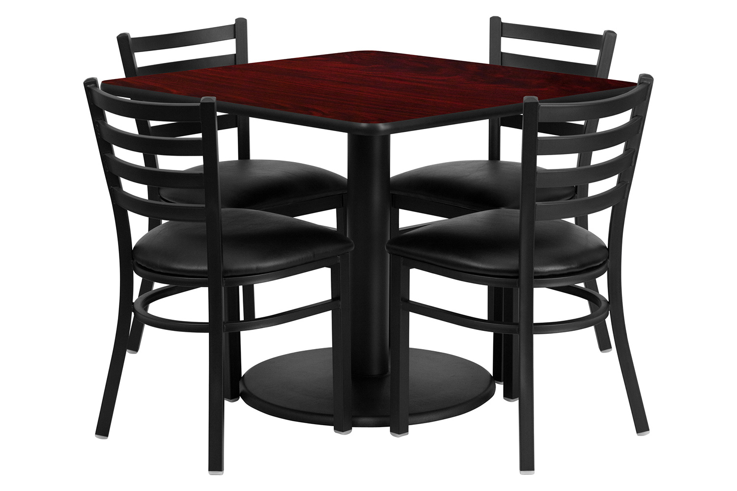 BLNK Jamie Square Laminate Table Set with Round Base and 4 Ladder Back Metal Chairs with Black Vinyl Seat - Mahogany