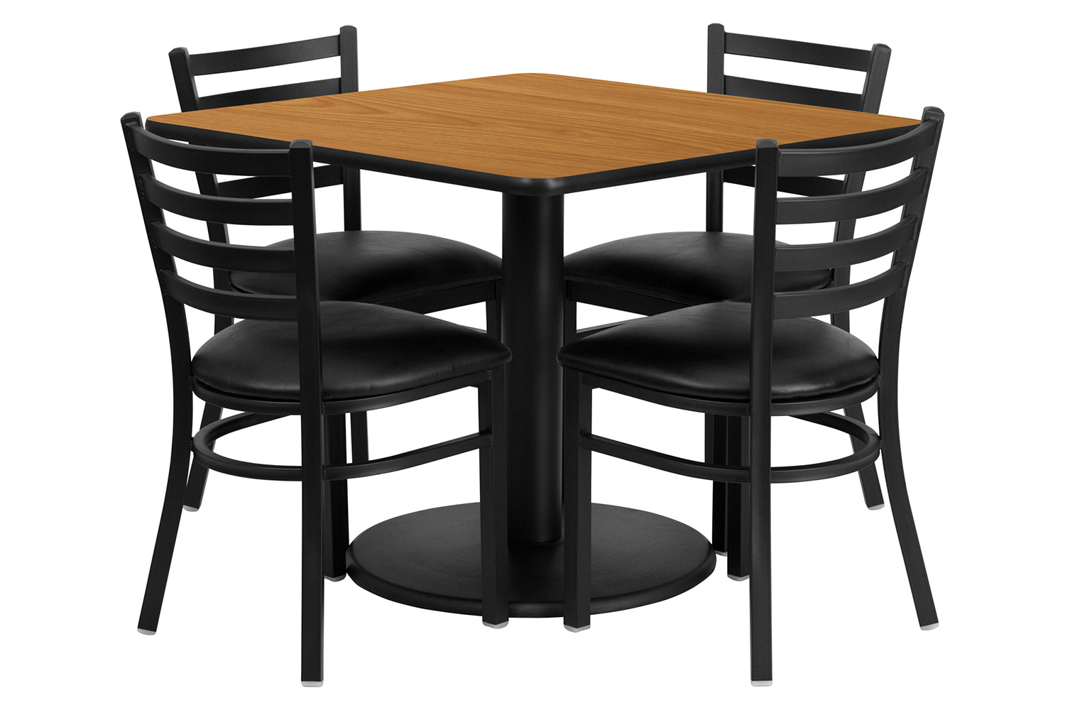 BLNK Jamie Square Laminate Table Set with Round Base and 4 Ladder Back Metal Chairs with Black Vinyl Seat