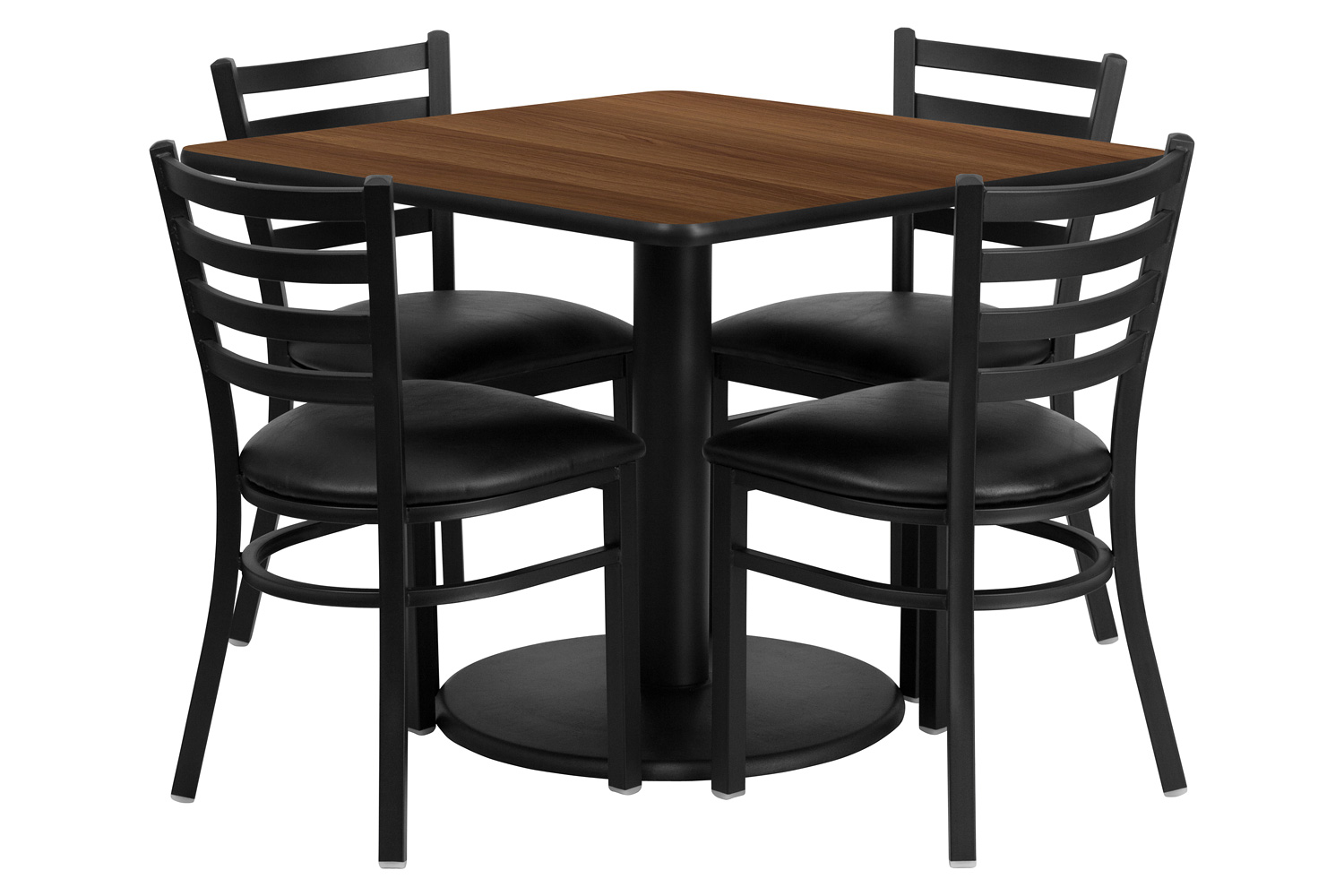 BLNK - Jamie Square Walnut Laminate Table Set with Round Base and 4 Ladder Back Metal Chairs in Black Vinyl Seat