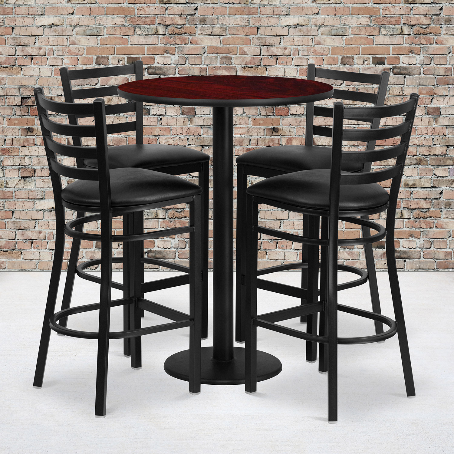 BLNK Jamie Round Laminate Table Set with Round Base and 4 Ladder Back Metal Bar Stools with Black Vinyl Seat