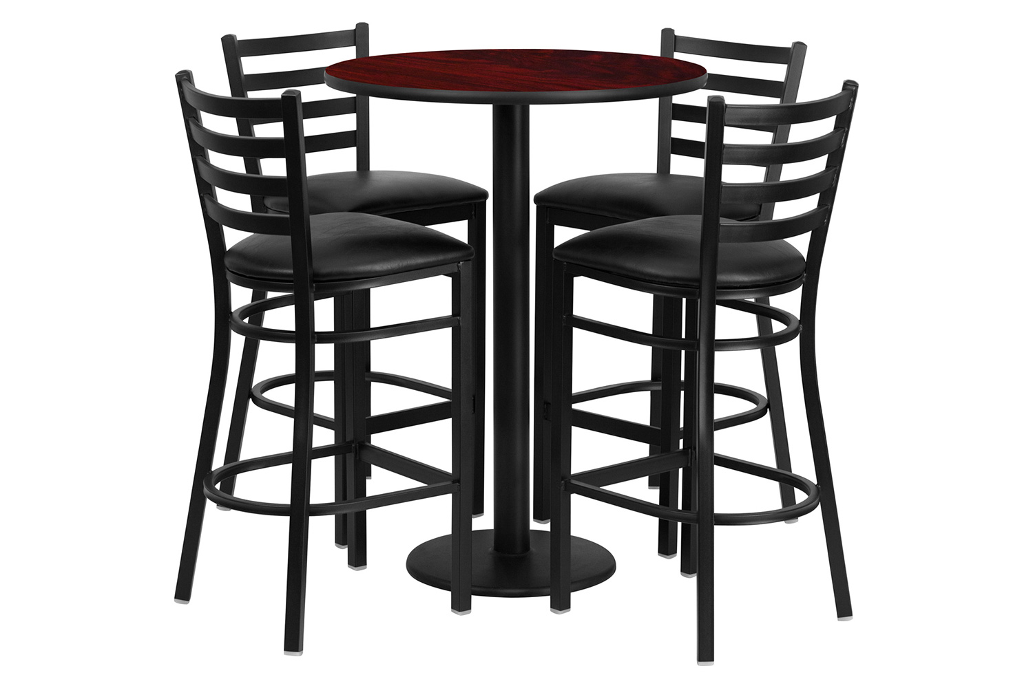 BLNK Jamie Round Laminate Table Set with Round Base and 4 Ladder Back Metal Bar Stools with Black Vinyl Seat - Mahogany